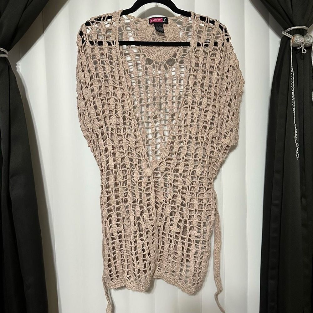 Say What USA tan crochet style cardigan with draw string to adjust, 55% Ramie, 4